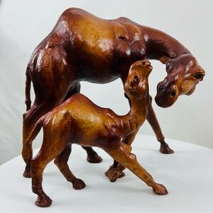 Vintage Set of Two Italian Leather Mother and Foul Camel Figurines Sculptures